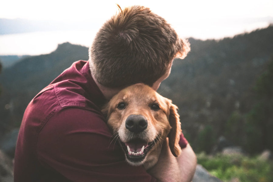 Man and dog hugging